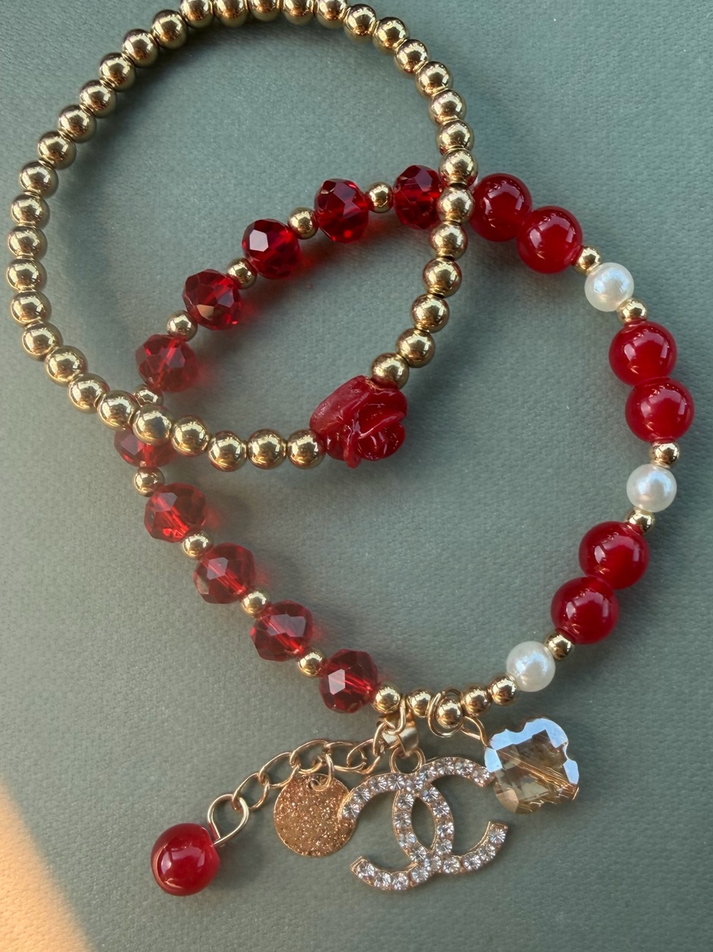 CC Gold and Red Beaded Charm Bracelet Set with Crystal Charm